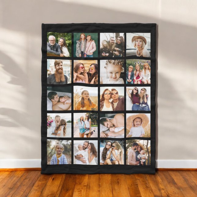 Simple Black Photo Collage 20 Picture Personalised Fleece Blanket (Creator Uploaded)