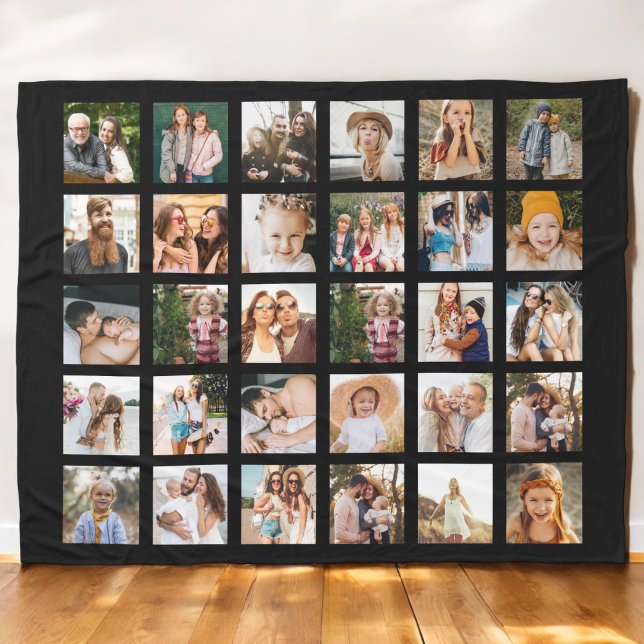 Simple Black Photo Collage 30 Picture Personalised Fleece Blanket (Creator Uploaded)