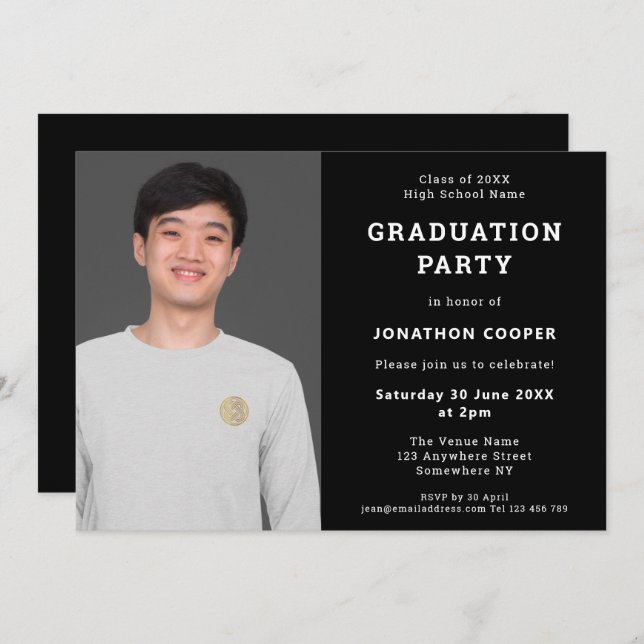 Simple Black Photo Graduation Party Invitation (Front/Back)