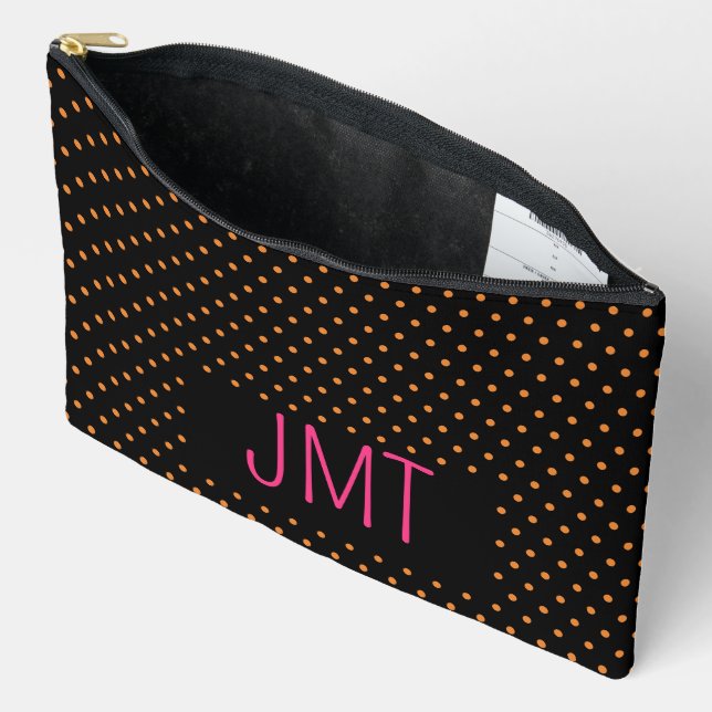 Simple Black Pink Orange Dots Monogram Accessory Pouch (Open)
