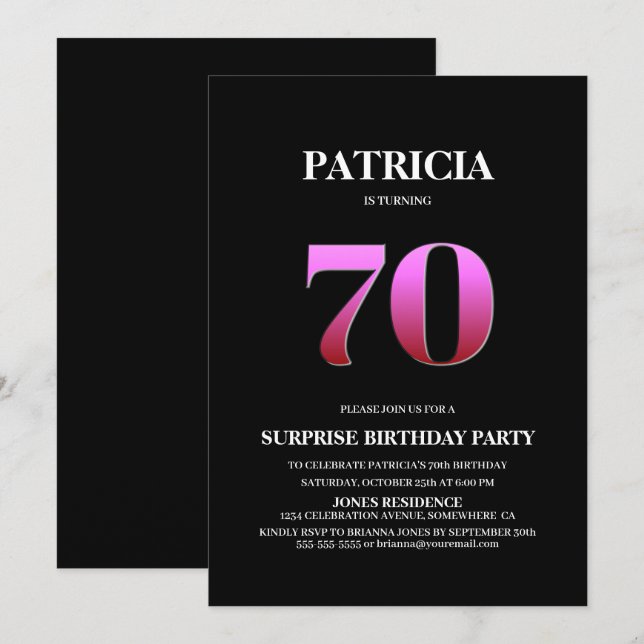 Simple Black Pink Surprise 70th Birthday Invitation (Front/Back)