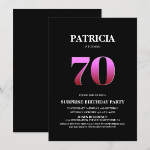 Simple Black Pink Surprise 70th Birthday Invitation