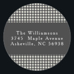 Simple Black Plaid Christmas Return Address Classic Round Sticker<br><div class="desc">Add a charming touch to your mail with this classic gingham return address sticker. Featuring a timeless black-and-white chequered pattern with elegant typography,  this customisable sticker is perfect for wedding invitations,  holiday cards,  or everyday correspondence. Personalise it with your name and address for a polished finishing touch!</div>