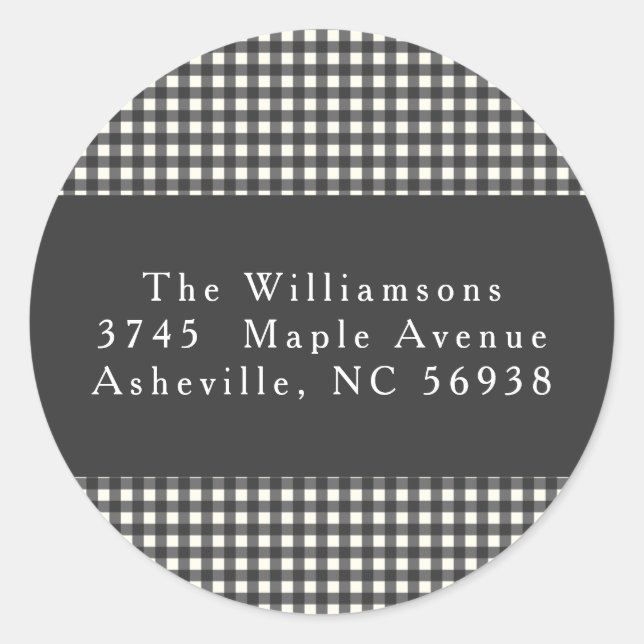 Simple Black Plaid Christmas Return Address Classic Round Sticker (Front)