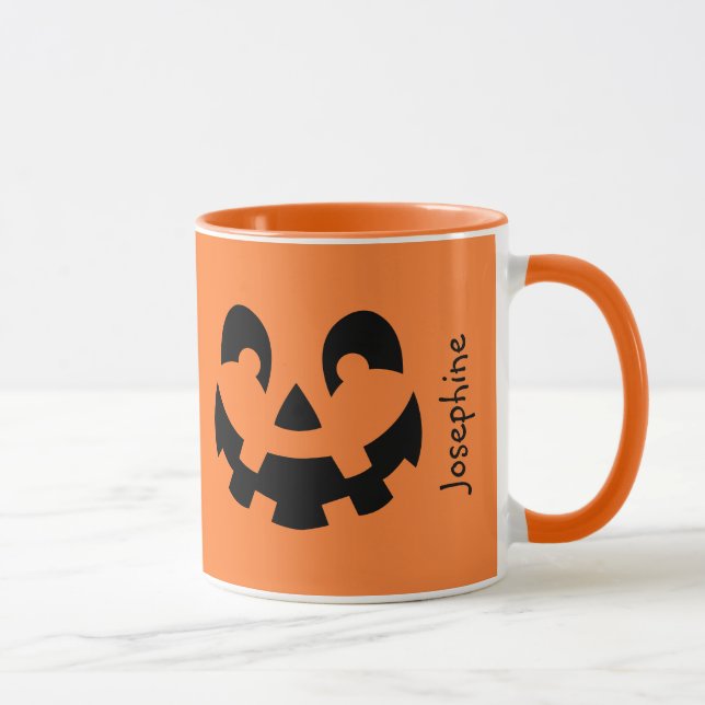 Simple Black Pumpkin Face On Orange Halloween Mug (Right)