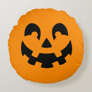 Simple Black Pumpkin Face On Orange Halloween Round Cushion