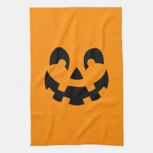 Simple Black Pumpkin Face On Orange Halloween Tea Towel
