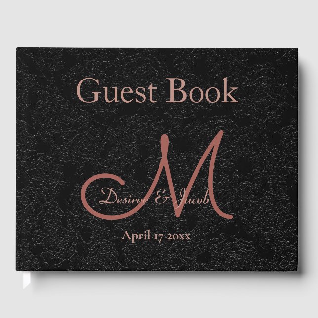 Simple Black Rose Gold Elegant Wedding Monogram Guest Book (Front)