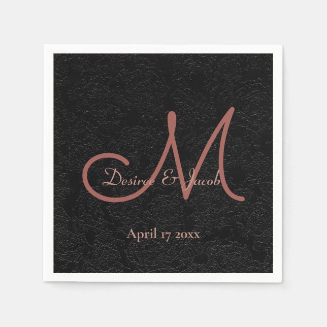 Simple Black Rose Gold Elegant Wedding Monogram Napkin (Front)