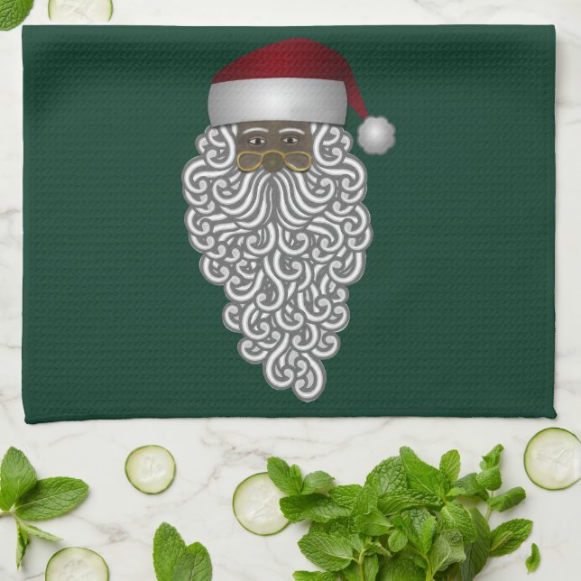 Simple Black Santa Claus Green Christmas Holiday Tea Towel (Folded)