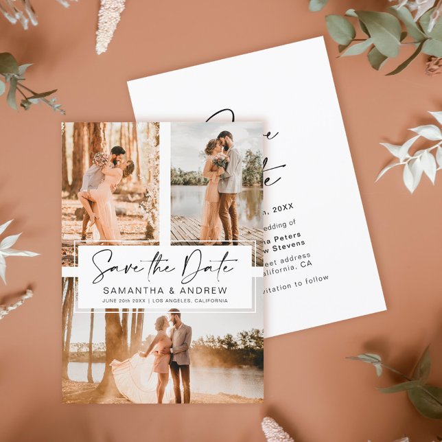Simple black save the date 3 photo grid collage (Creator Uploaded)