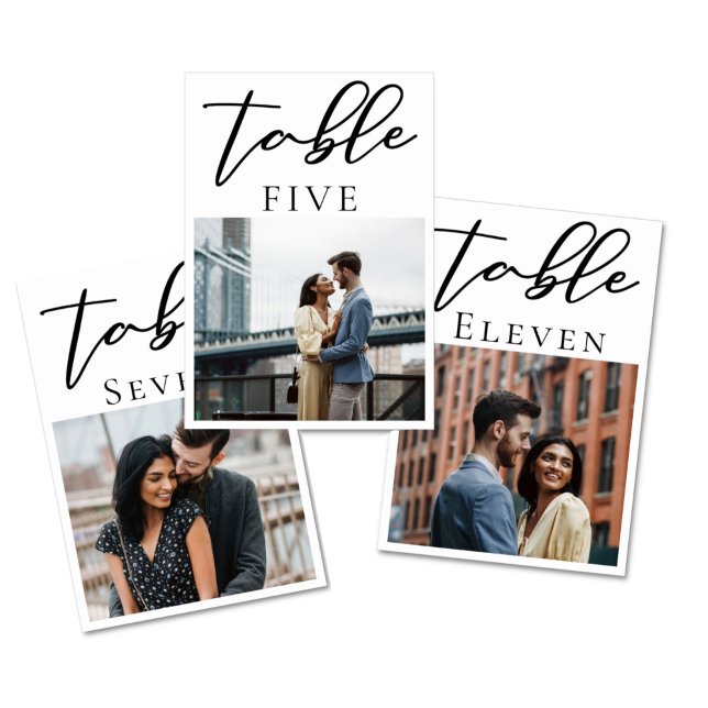 Simple Black Script Modern Couple Photo Wedding Table Number (Creator Uploaded)