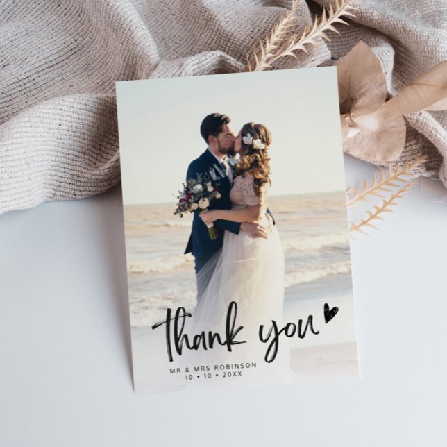 simple black script newlyweds wedding photo thank you card (Creator Uploaded)