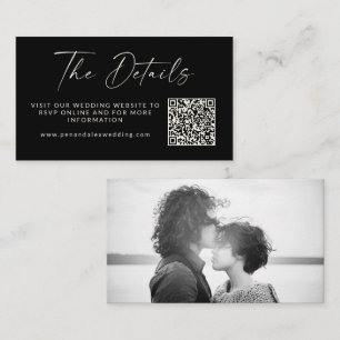 Simple Black Script Photo Wedding QR Code Details Enclosure Card