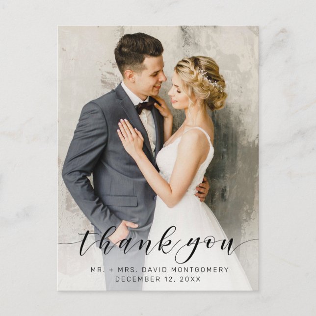 Simple Black Script Wedding Photo Thank You Postcard (Front)