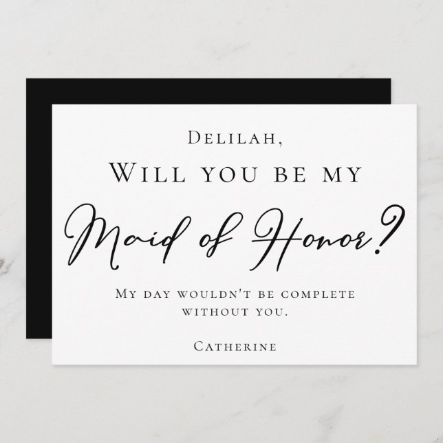 Simple Black Script Will You Be My Maid of Honour Invitation (Front/Back)