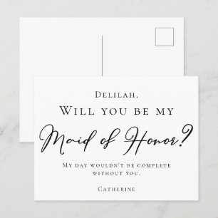 Simple Black Script Will You Be My Maid of Honour Postcard