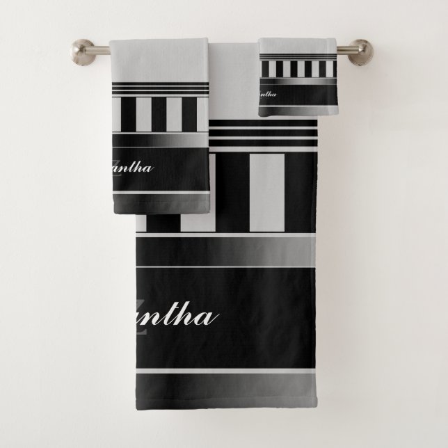 Simple Black, Silver And Grey Lines Monogrammed Bath Towel Set (Insitu)
