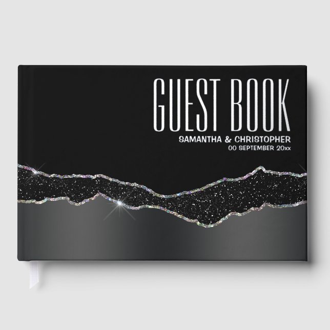 Simple black silver glitter strip luxurious foil guest book (Front)