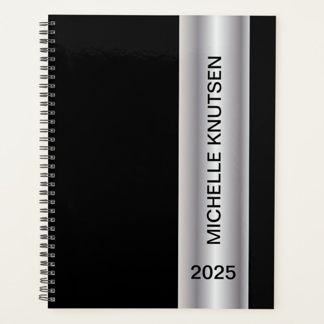 Simple Black Silver Personalised Planner 2025    (Front)
