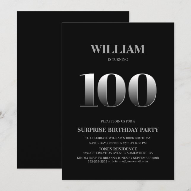 Simple Black Silver Surprise 100th Birthday Invitation (Front/Back)