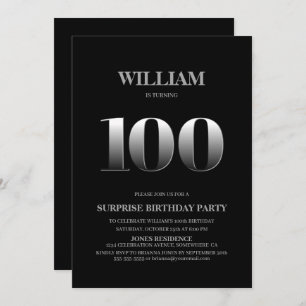 Simple Black Silver Surprise 100th Birthday Invitation