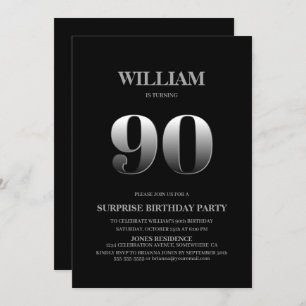 Simple Black Silver Surprise 90th Birthday Invitation