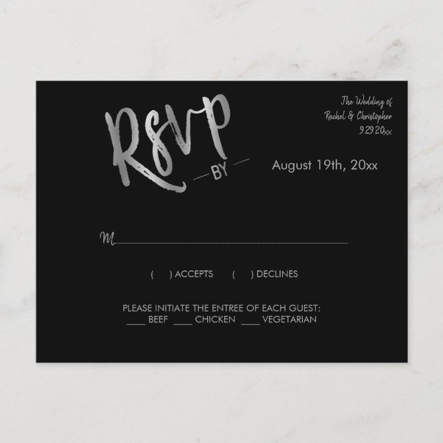 Simple Black Silver Wedding Event Response RSVP Postcard (Front)