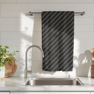 Simple Black & Smoky Black Narrow Diagonal Stripes Tea Towel