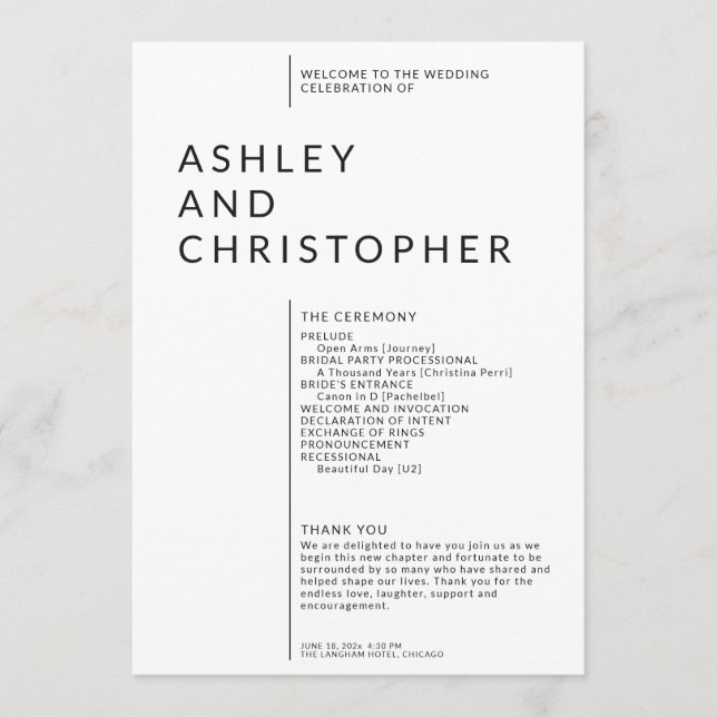 Simple Black Split Margin Wedding Ceremony Programme (Front)
