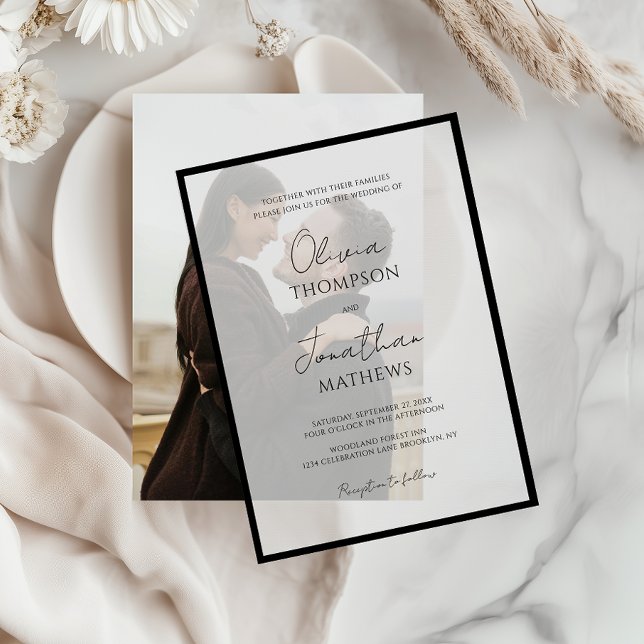 Simple Black Square Border Script Overlay Wedding Vellum Invitations (Creator Uploaded)