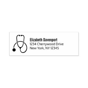 Simple Black Stethoscope with Name and Address Self-inking Stamp
