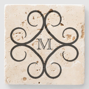 Simple black swirl monogram stone coaster