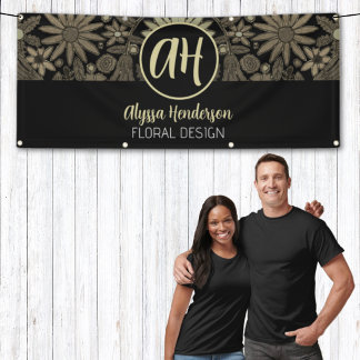 Simple Black & Tan Floral Design Business Banner