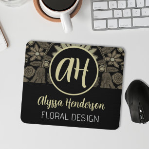 Simple Black & Tan Floral Design Business Logo Mouse Mat