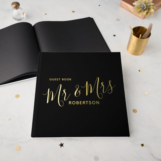 Simple black text little heart custom wedding  guest book (Front Open)