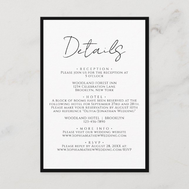 Simple Black Tie White Script Wedding Details Enclosure Card (Front)