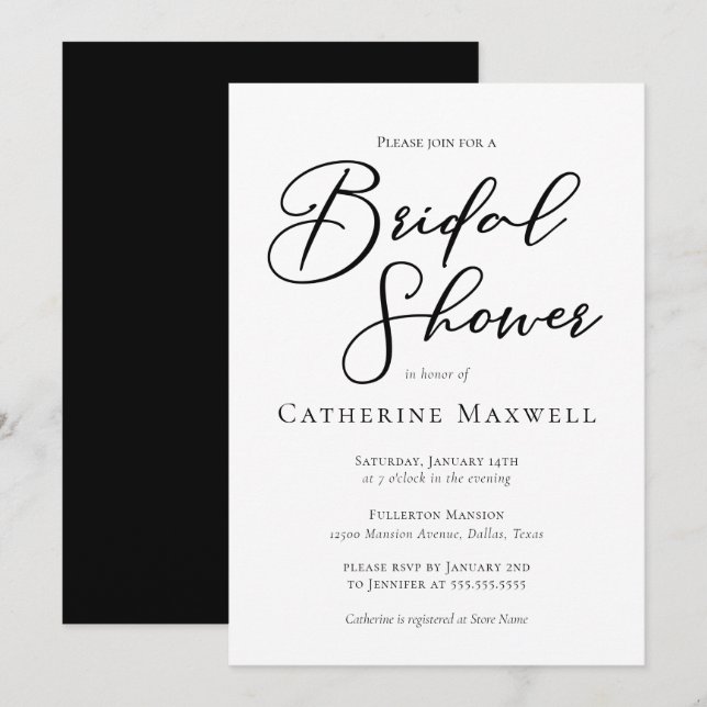 Simple Black Typography Chic Modern Bridal Shower Invitation (Front/Back)