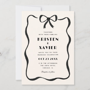 Simple Black Wavy Border Bow Wedding Invitation