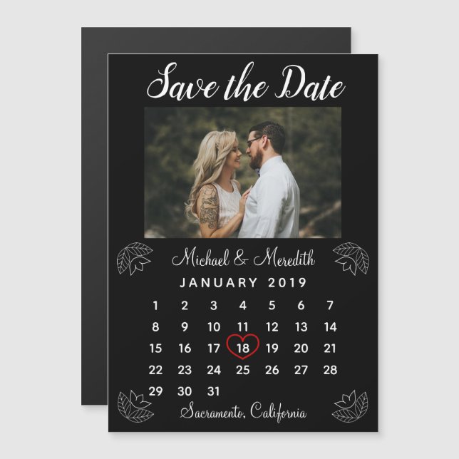 Simple Black Wedding Calendar Photo Save the Date Magnetic Invitation (Front/Back)