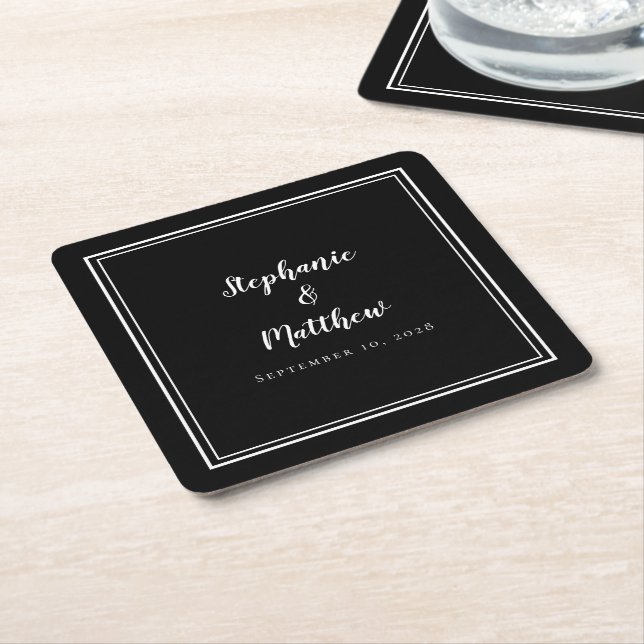 Simple Black Wedding Modern Minimalist Chic Party Square Paper Coaster (Angled)