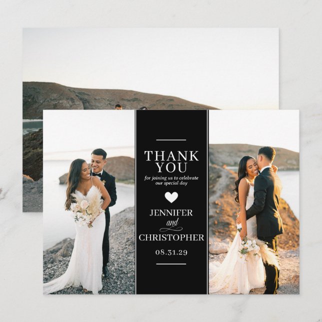 Simple Black Wedding Photo Thank You Card (Front/Back)