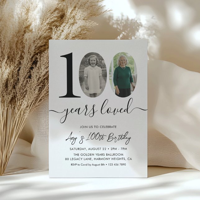 Simple Black & White 100th Birthday Party Photo Invitation (Creator Uploaded)