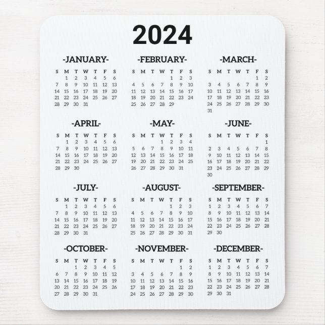 Simple Black & White 2024 Year At Glance Calendar Mouse Mat (Front)