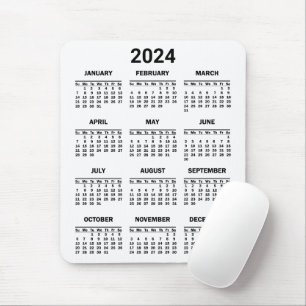 Simple Black & White 2024 Year At Glance Calendar Mouse Mat