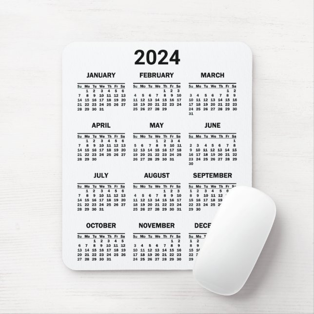 Simple Black & White 2024 Year At Glance Calendar Mouse Mat (With Mouse)