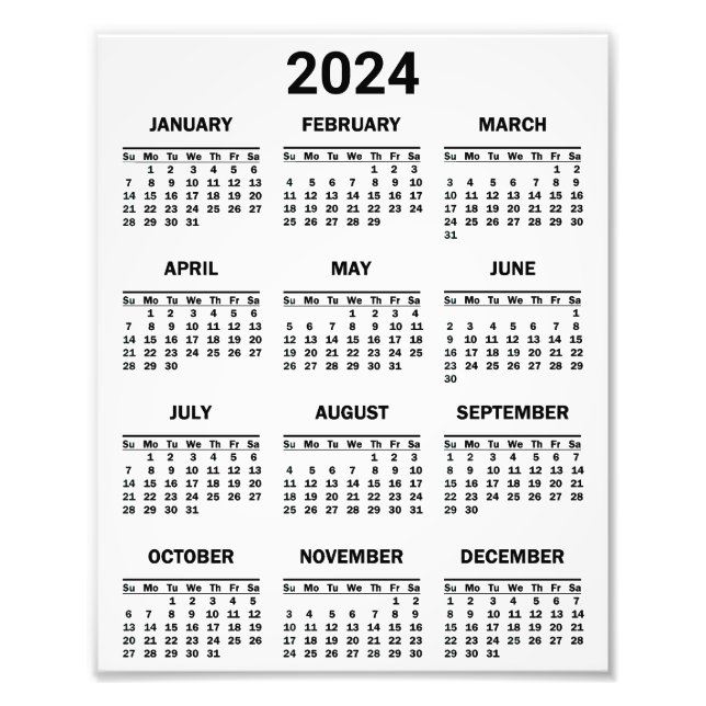 Simple Black & White 2024 Year At Glance Calendar Photo Print (Front)