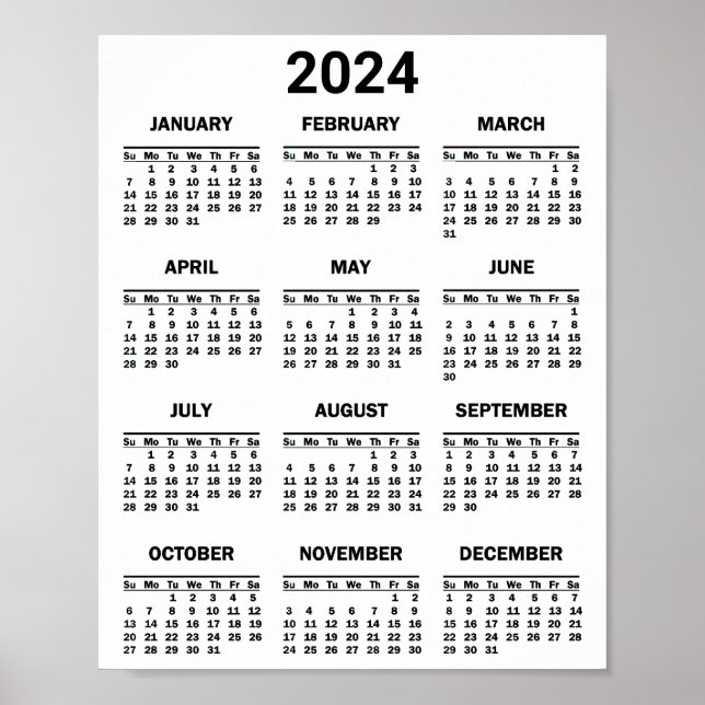 Simple Black & White 2024 Year At Glance Calendar Poster (Front)
