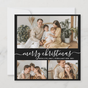 Simple Black White 3 Photo Collage Christmas Holid Holiday Card