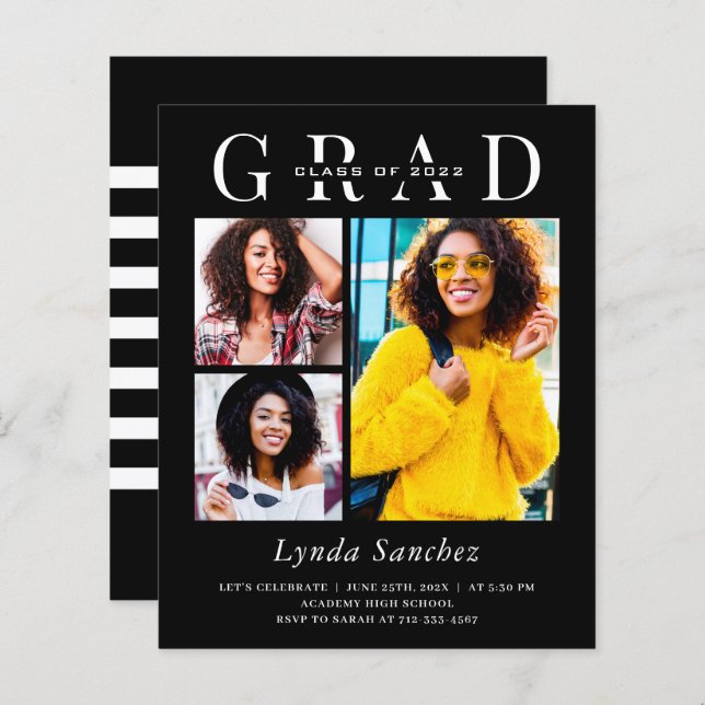 Simple Black White 3 Photo Graduation Invitations (Front/Back)